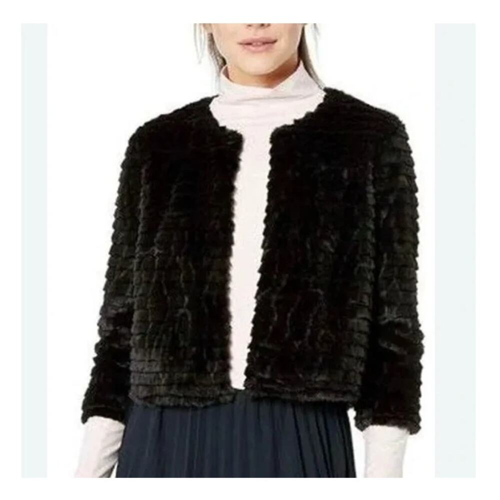 Calvin Klein Black Faux Fur Coat Plush Crop Layering Versatile Jacket Medium